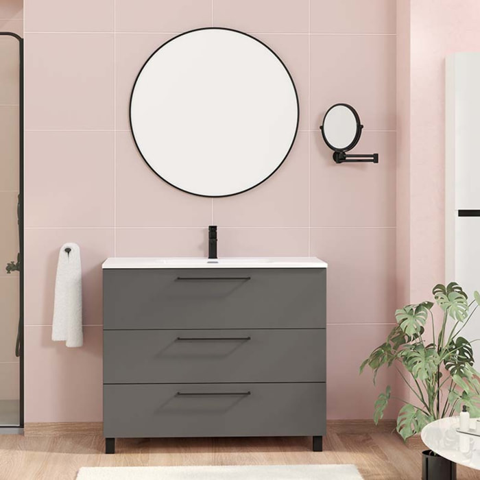 Conjunto de baño Haru | Mueble de baño con patas | 100 cm Gris Mate| Tres cajones | Lavabo encastrado | No incluye espejo | Alday