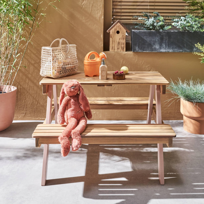 Table de pique-nique en bois d'acacia pour enfant. 2 places. couleur teck clair et rose