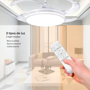 Ventilador de techo 7807 120 cm, aspas retráctiles, motor DC 36W, luz LED regulable 60W, 6 velocidades y modo invierno/verano. Control mediante mando a distancia o aplicación móvil.