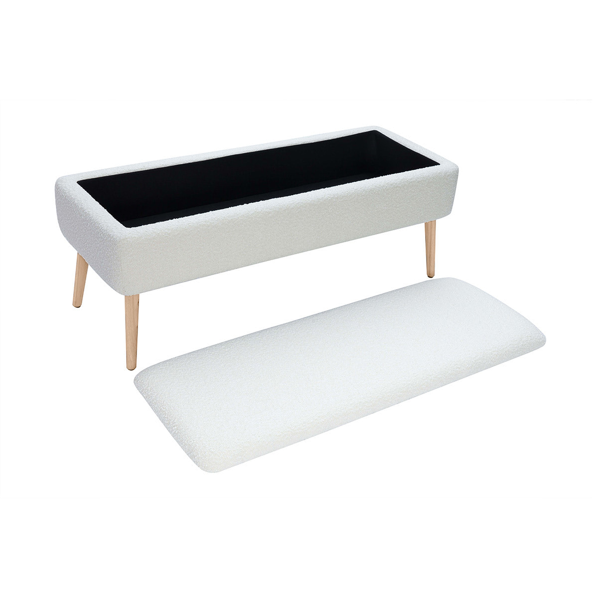Banc coffre effet laine bouclée blanc et bois clair massif L120 cm LARS