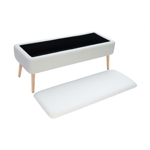 Banc coffre effet laine bouclée blanc et bois clair massif L120 cm LARS