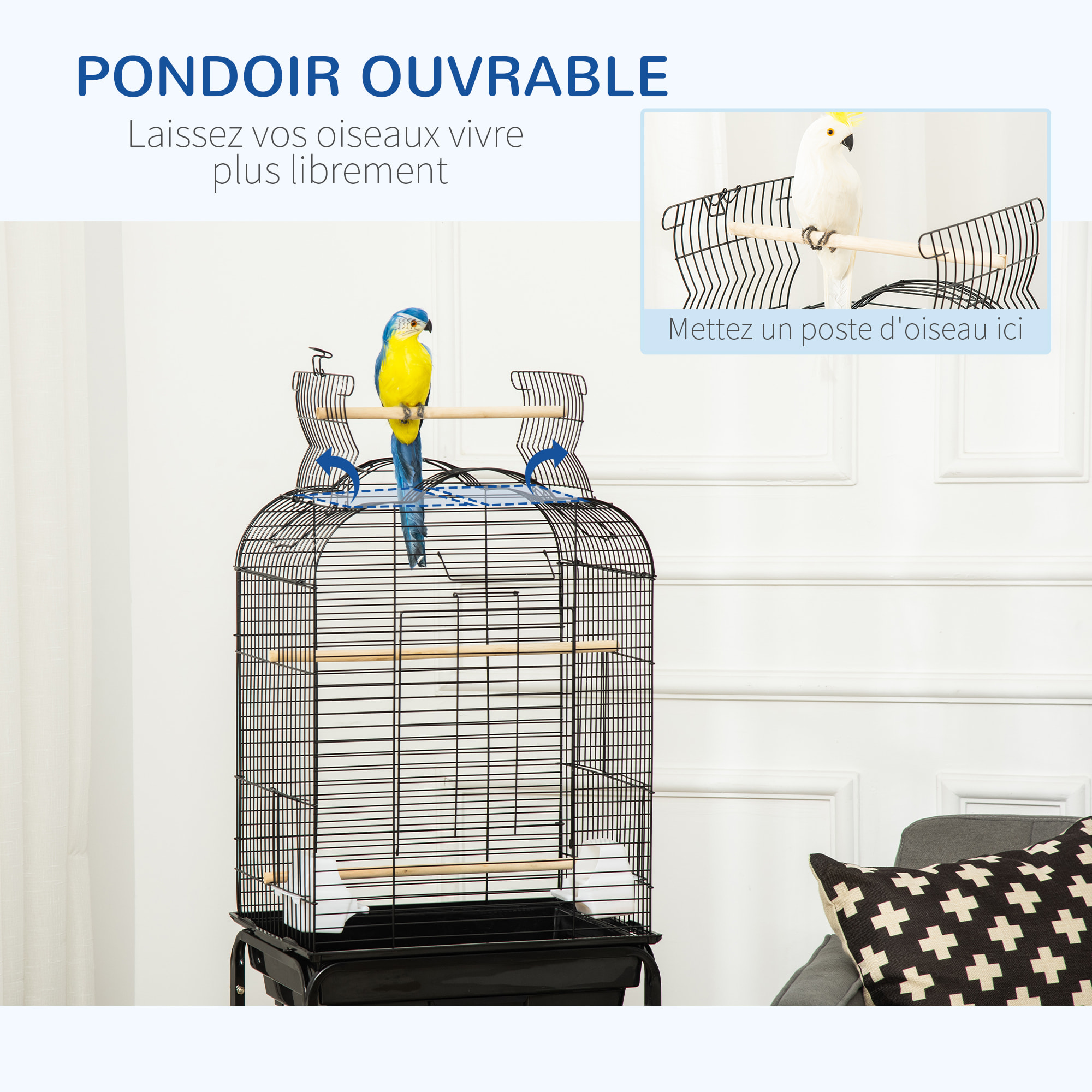 PawHut Cage à oiseaux volière amovible sur roulettes - toit ouvrant, tiroir déjection, 2 perchoirs, 2 trappes, porte, 2 mangeoires, 2 poignées - étagère - acier PP noir