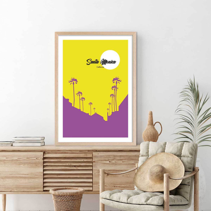 Affiche graphique santa monica californie Affiche + cadre en bois - Chêne