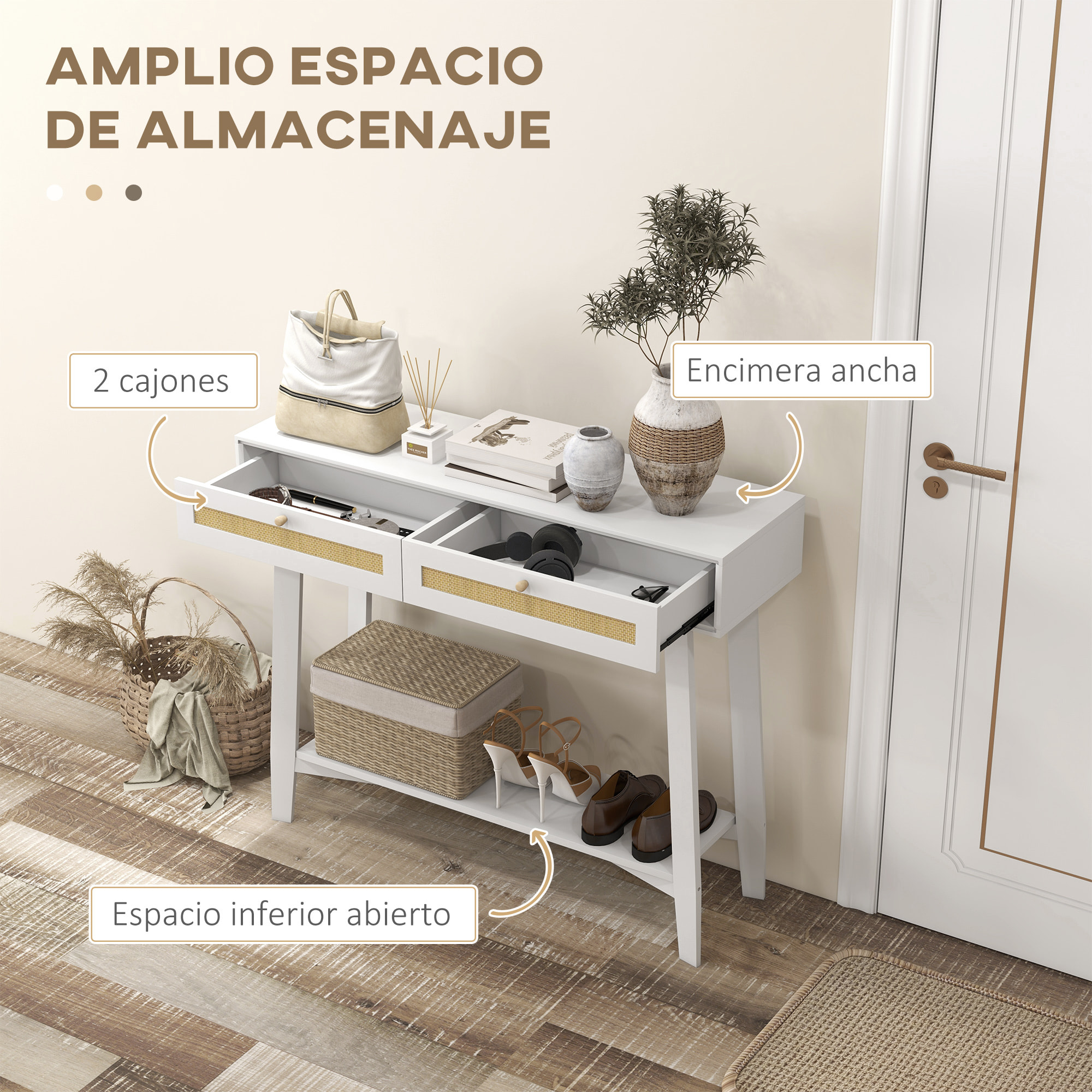 Conjunto para el Hogar Incluye 1 Mueble de TV 1 Mesa Consola 1 Banco Zapatero con Asiento y 1 Mesita Auxiliar con Elemento de Ratán Estilo Bohemio Blanco