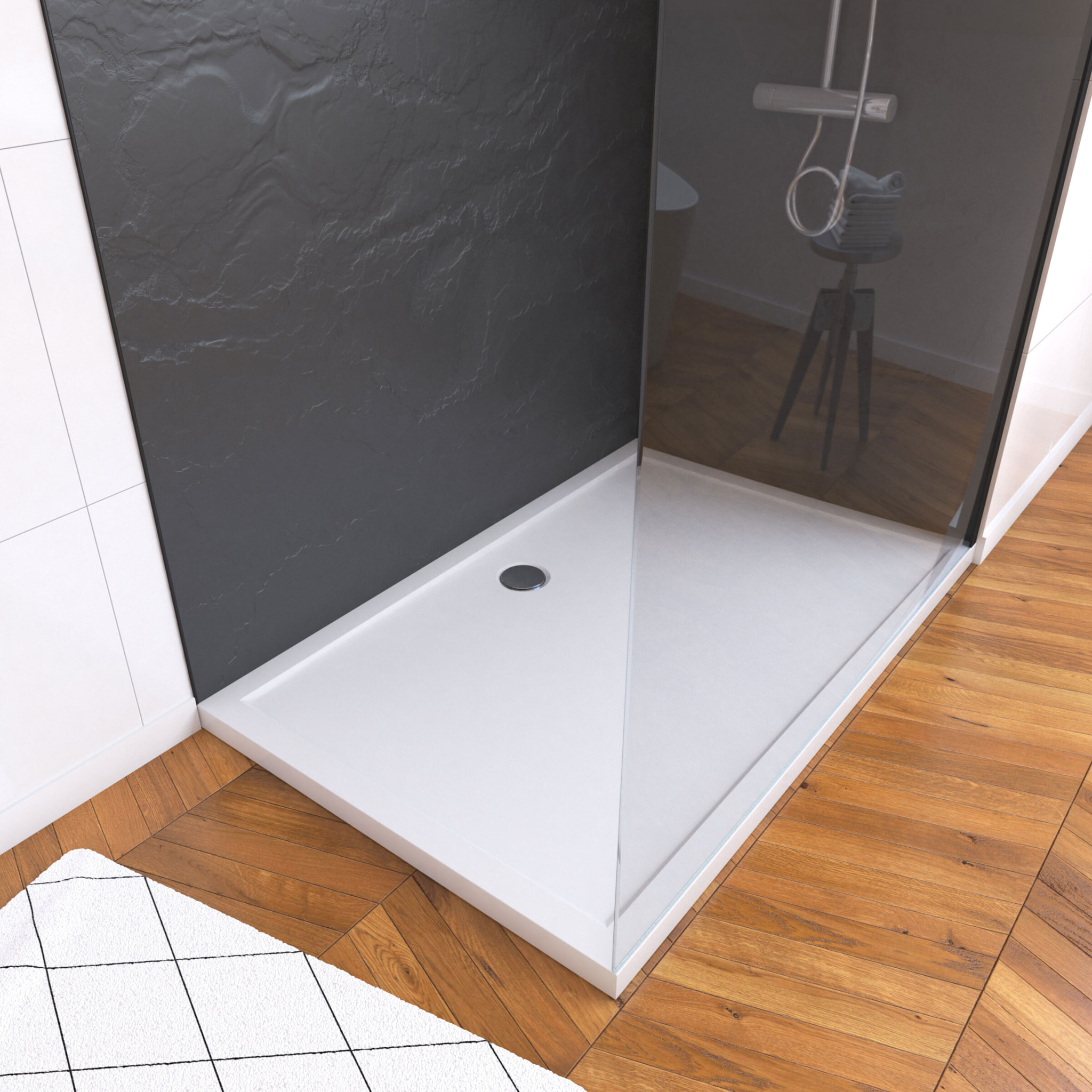 Pack douche à l'Italienne Receveur 90x120 + Paroi transparente + Panneaux muraux finition ardoise