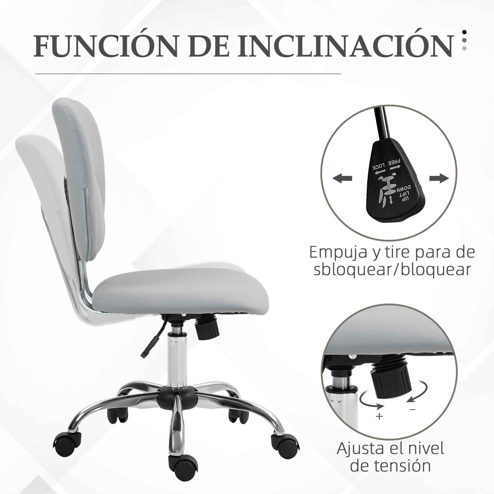 Silla de Oficina sin Reposabrazos Silla de Escritorio Juveniles con Altura Ajustable y Función de Inclinación Carga 120 kg 50x54x87,5-96,5 cm Gris Claro