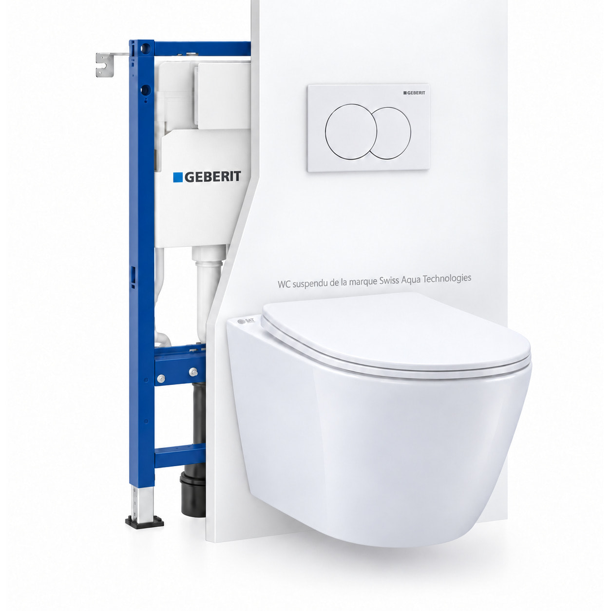 Pack WC sans bride Infinitio, fixations invisibles + Abattant softclose slim + Bâti support Geberit UP100 + Plaque blanche