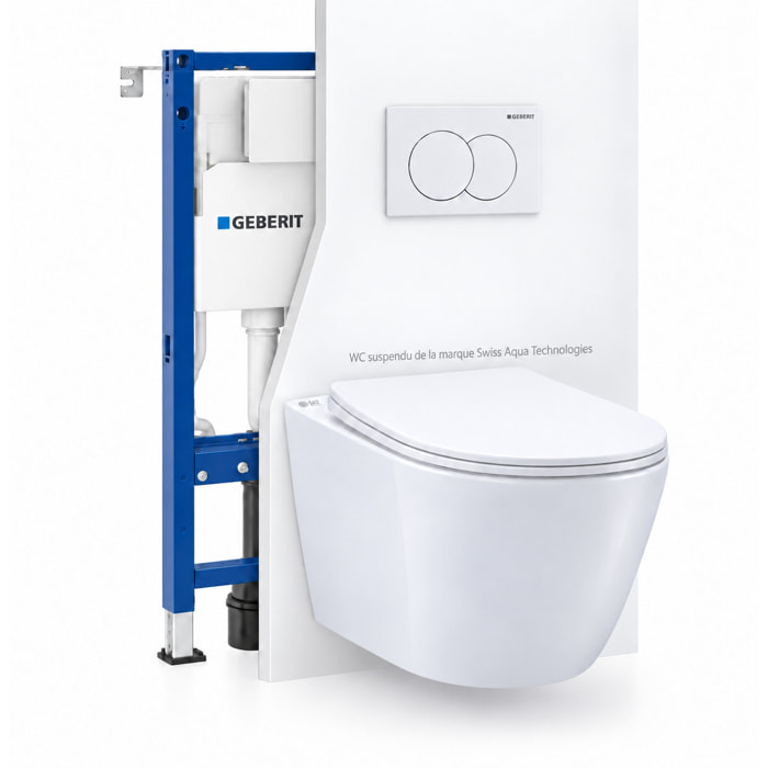 Pack WC sans bride Infinitio, fixations invisibles + Abattant softclose slim + Bâti support Geberit UP100 + Plaque blanche