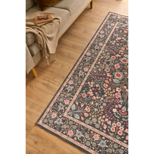 OTTOMAN - Tapis à poils courts doux à motif fleuri noir
