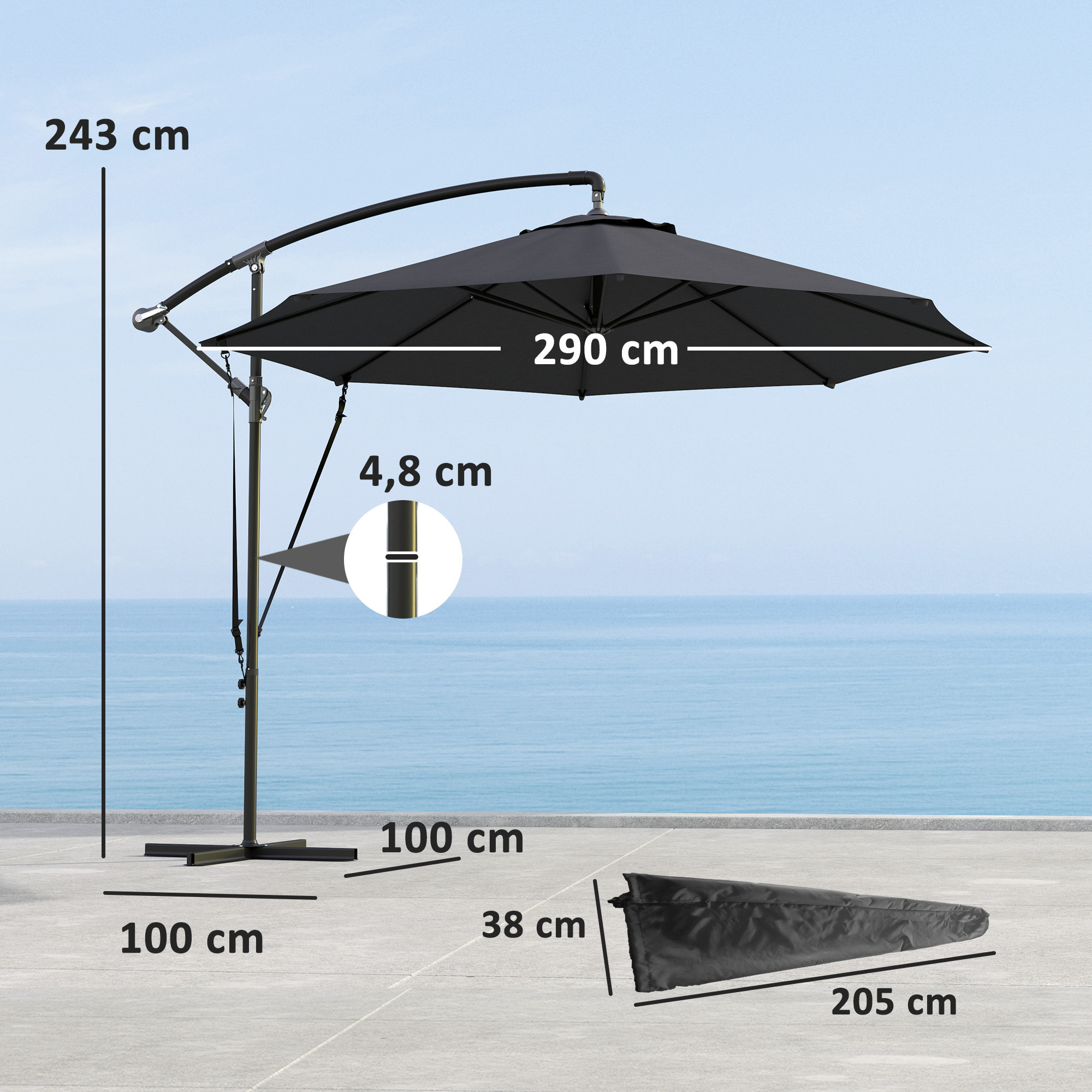 Parasol Excéntrico Ø 290 cm Sombrilla de Jardín con Base Cruzada Manivela Funda para Sombrilla y Cuerda de Viento Anti-UV 50+ Sombrilla para Terraza Patio Gris Oscuro