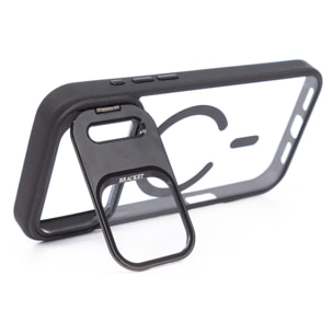 Cover trasparente con copertura della fotocamera pieghevole che funge da supporto, bordi neri. MagSafe per iPhone 17 Air.