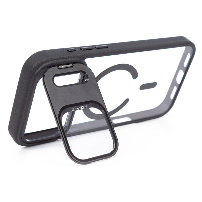 Cover trasparente con copertura della fotocamera pieghevole che funge da supporto, bordi neri. MagSafe per iPhone 17 Air.