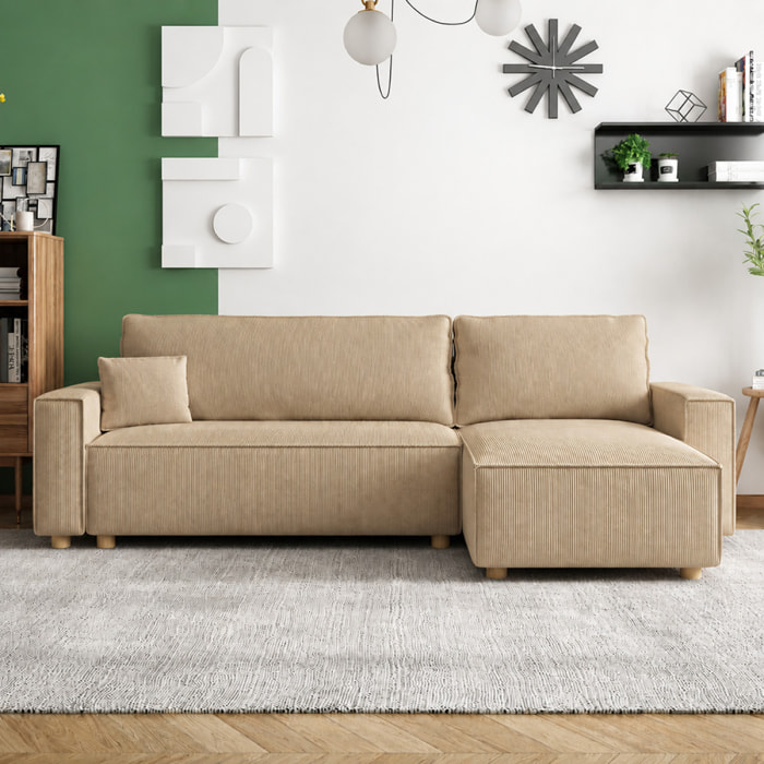 Canapé convertible d'angle réversible 4 places velours côtelé beige OGGIE