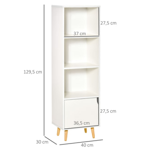 HOMCOM Estantería con 3 Estantes Abiertos y 1 Cerrado con Puerta Librería de Estilo Moderno para Almacenamiento de Libros Juguetes CDs Plantas 40x30x129,5 cm Blanco