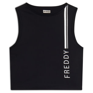 Top sportivo in tessuto tecnico con stampa metallizata