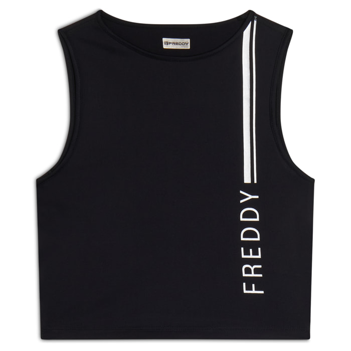 Top sportivo in tessuto tecnico con stampa metallizata