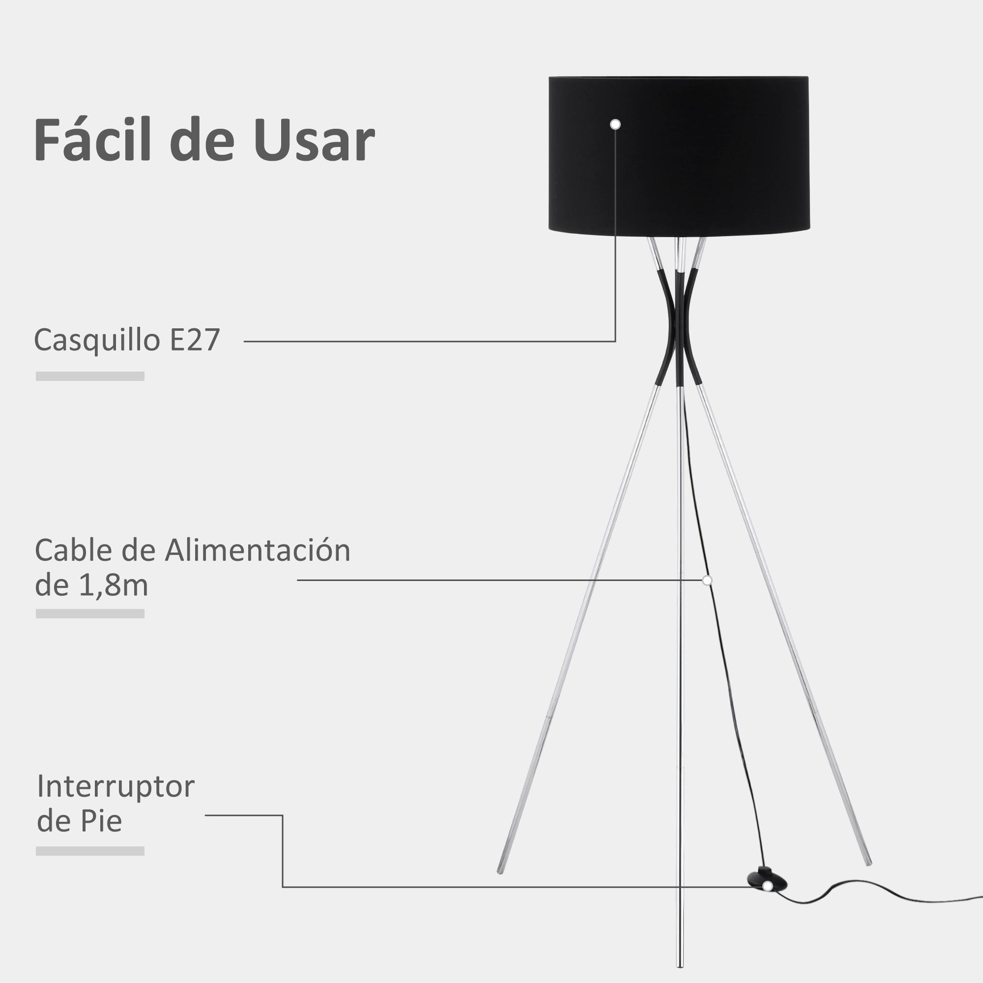 HOMCOM Lámpara de Pie con Trípode de Metal Pantalla de Tela E27 Máx. 40W e Interruptor de Pie Estilo Moderno para Salón Dormitorio Oficina 73x73x146 cm Negro