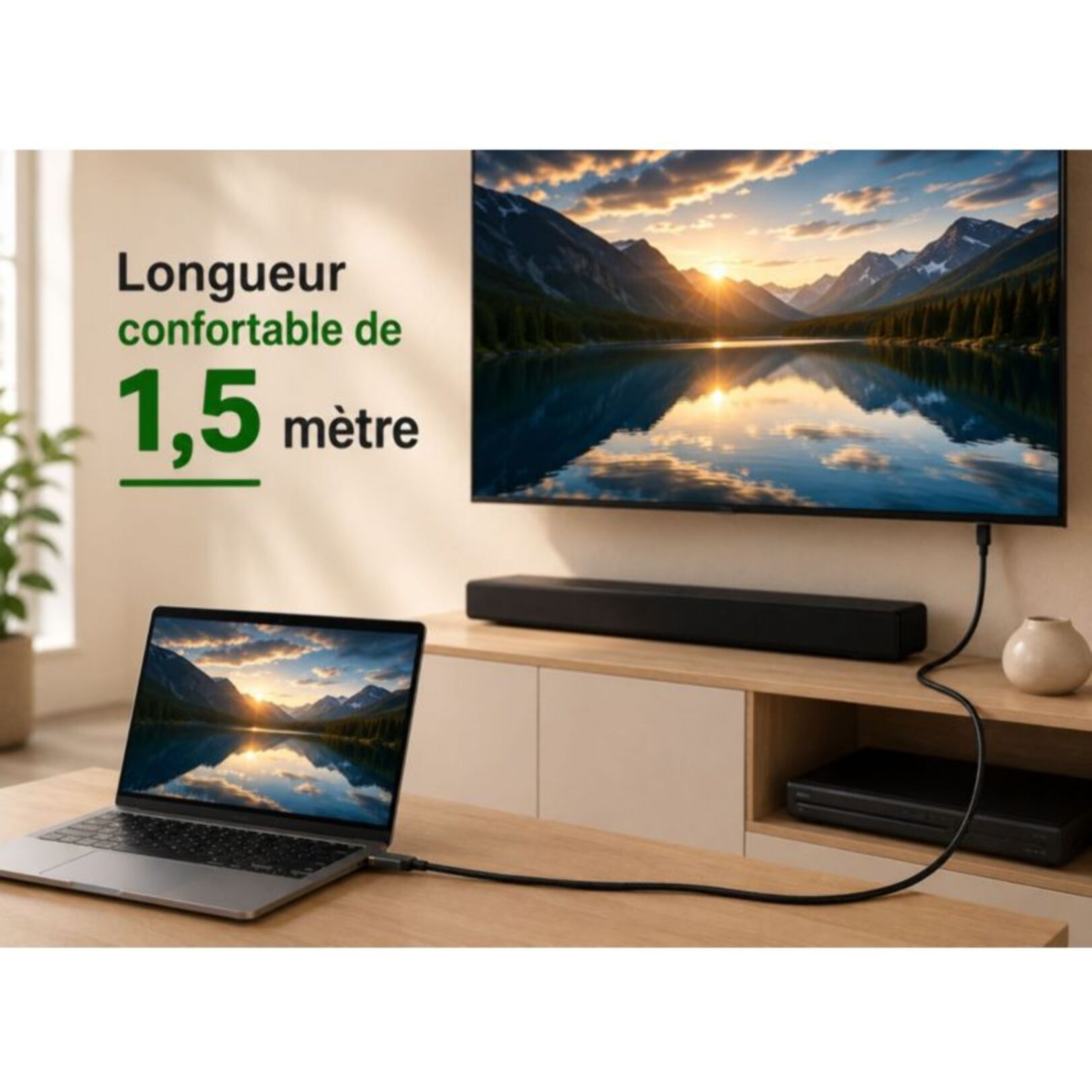 Câble HDMI ADEQWAT x2 HDMI 2.1 droit noir 1M5