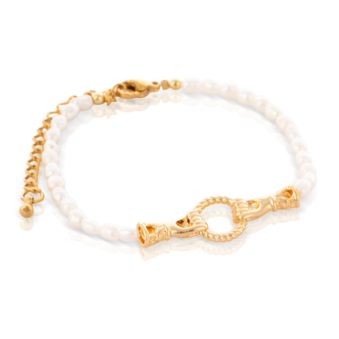 Fides Pulsera de perlas naturales con adorno central con diseño de anillo en manos y cierre de mosquetón.