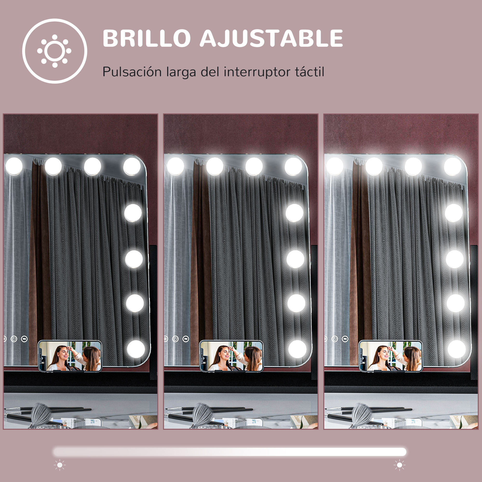 Hollywood Espejo de Maquillaje con Luz Espejo de Tocador Giratorio 58x46 cm con 14 Bombillas LED 3 Modos de Iluminación Ajustables Interruptor Táctil Soporte para Teléfono y Puerto USB Negro