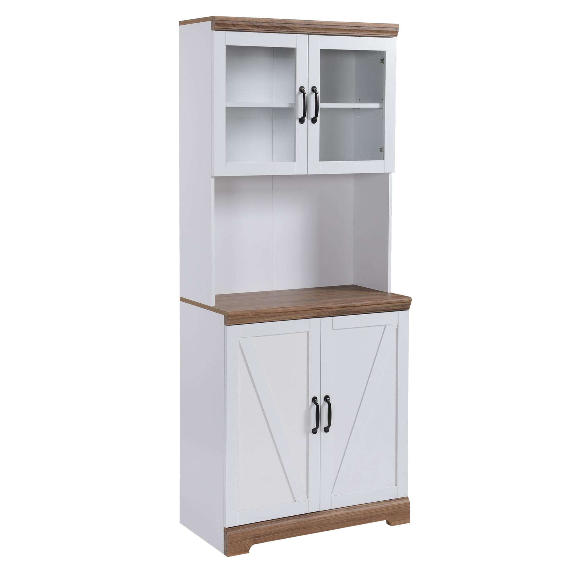 Aparador Alacena de Cocina Mueble Auxiliar con 2 Puertas de Vidrio Baldas Ajustables Estante Abierto y Armario para Comedor Salón Antivuelco 72x40x178 cm Blanco