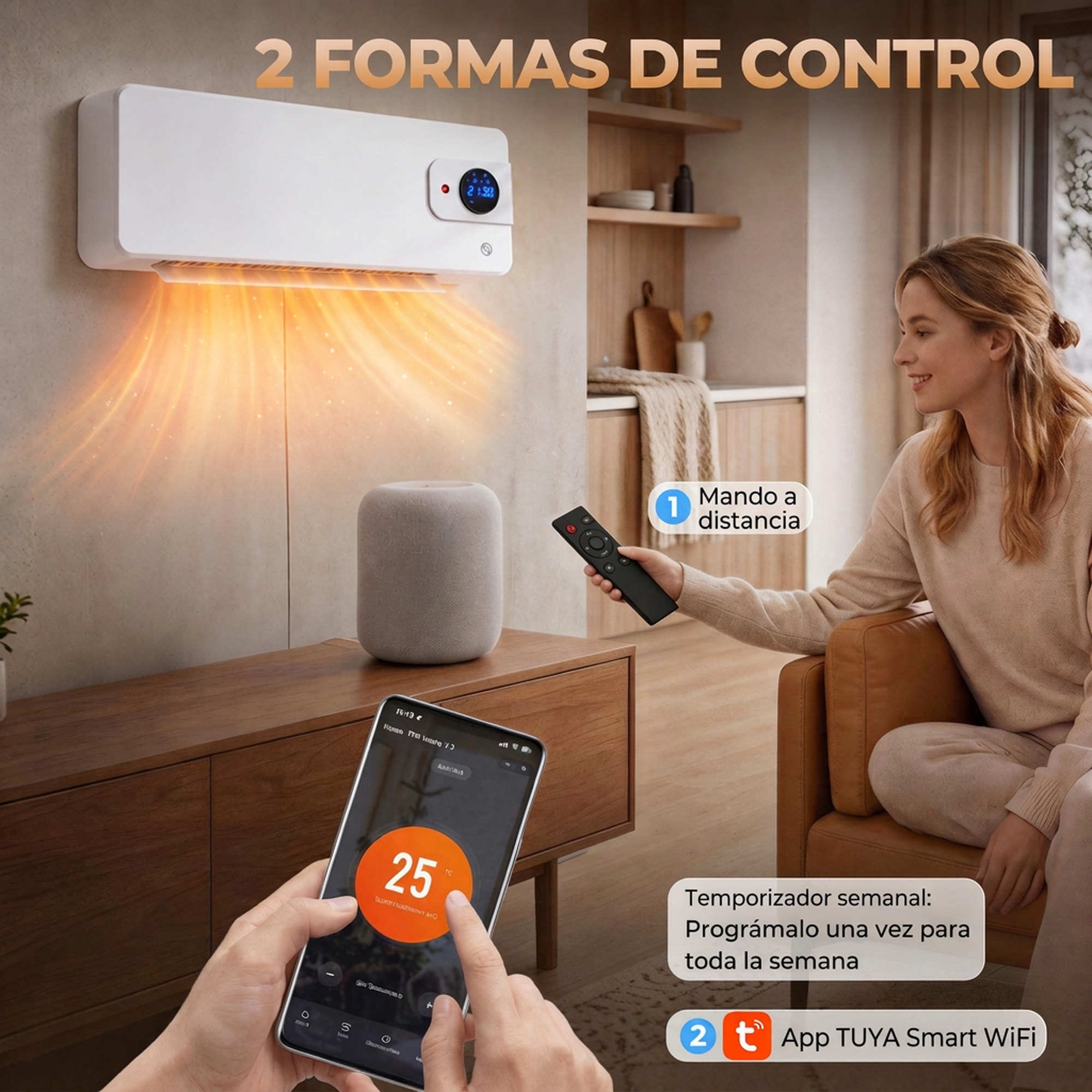HOMCOM Calefactor Eléctrico Cerámico de Pared, 2000W, con WiFi App, 3 Modos, Pantalla LED, Termostato Regulable, Temporizador 24h, Oscilación, Mando a Distancia y Detección de Ventanas Abiertas