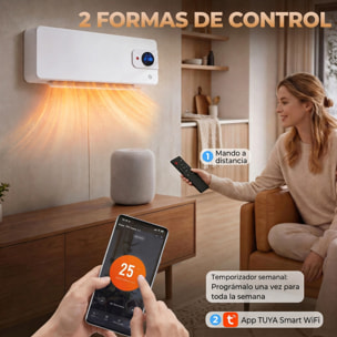 HOMCOM Calefactor Eléctrico Cerámico de Pared, 2000W, con WiFi App, 3 Modos, Pantalla LED, Termostato Regulable, Temporizador 24h, Oscilación, Mando a Distancia y Detección de Ventanas Abiertas