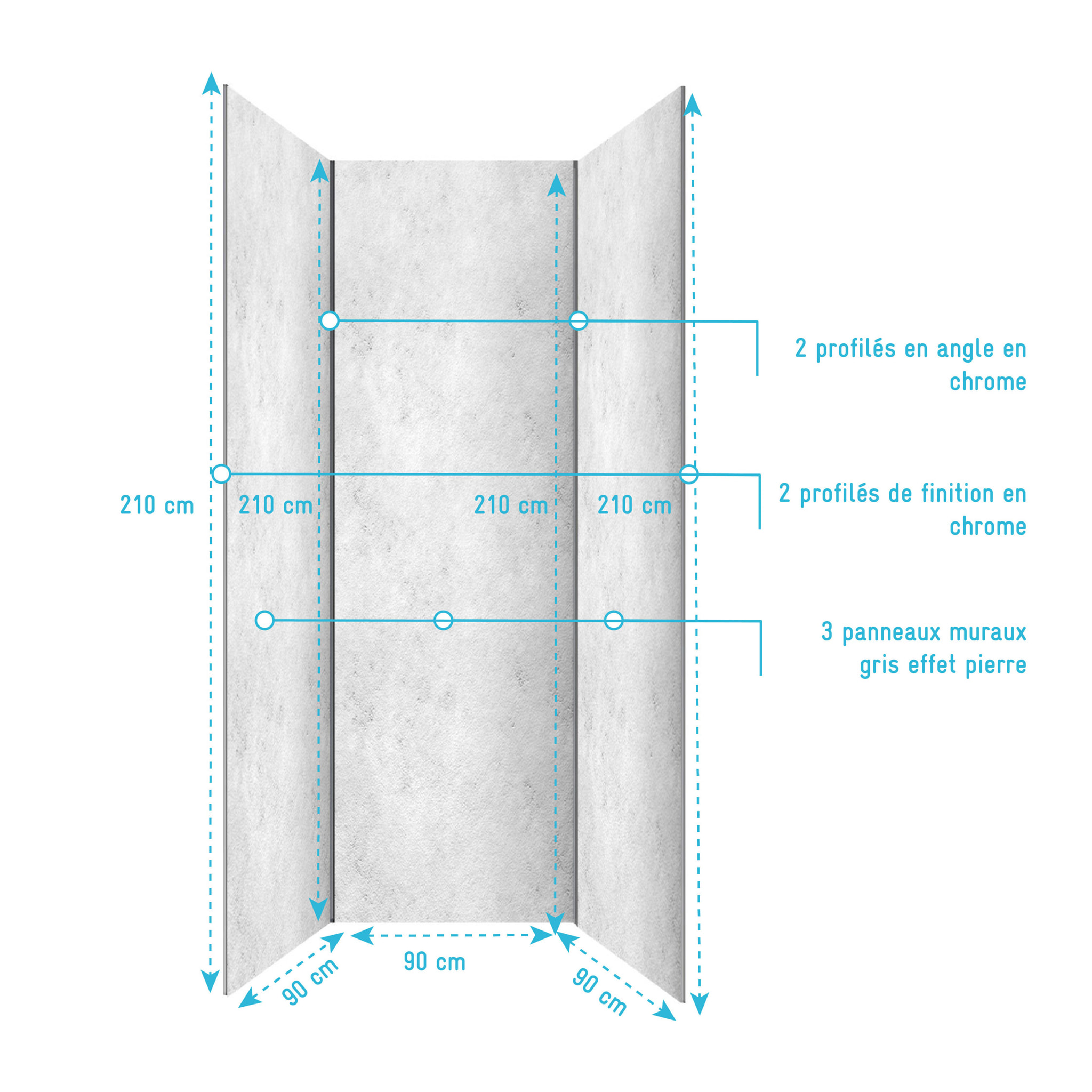 Pack 3 Panneaux Muraux Pierre Light Grey 90x210cm et Profilés Chrome - STONE'IT
