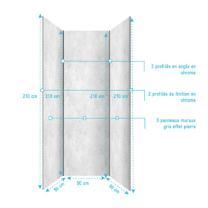 Pack 3 Panneaux Muraux Pierre Light Grey 90x210cm et Profilés Chrome - STONE'IT