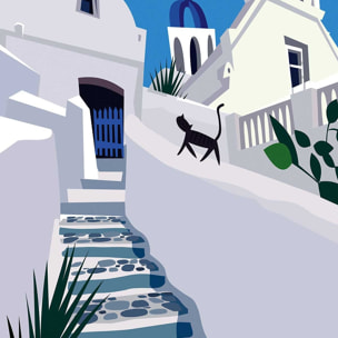Poster de santorini blanc bleu Affiche + cadre en bois - Noir