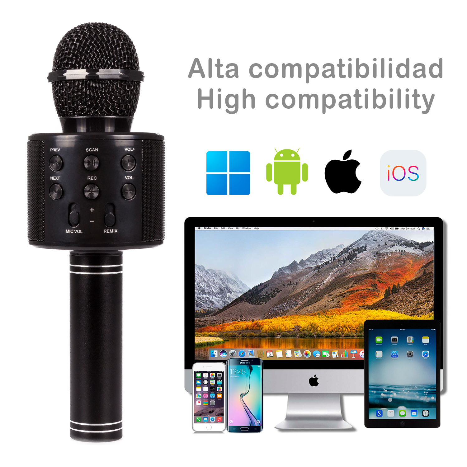 Micrófono Karaoke multifunción con luces y altavoz incorporados.