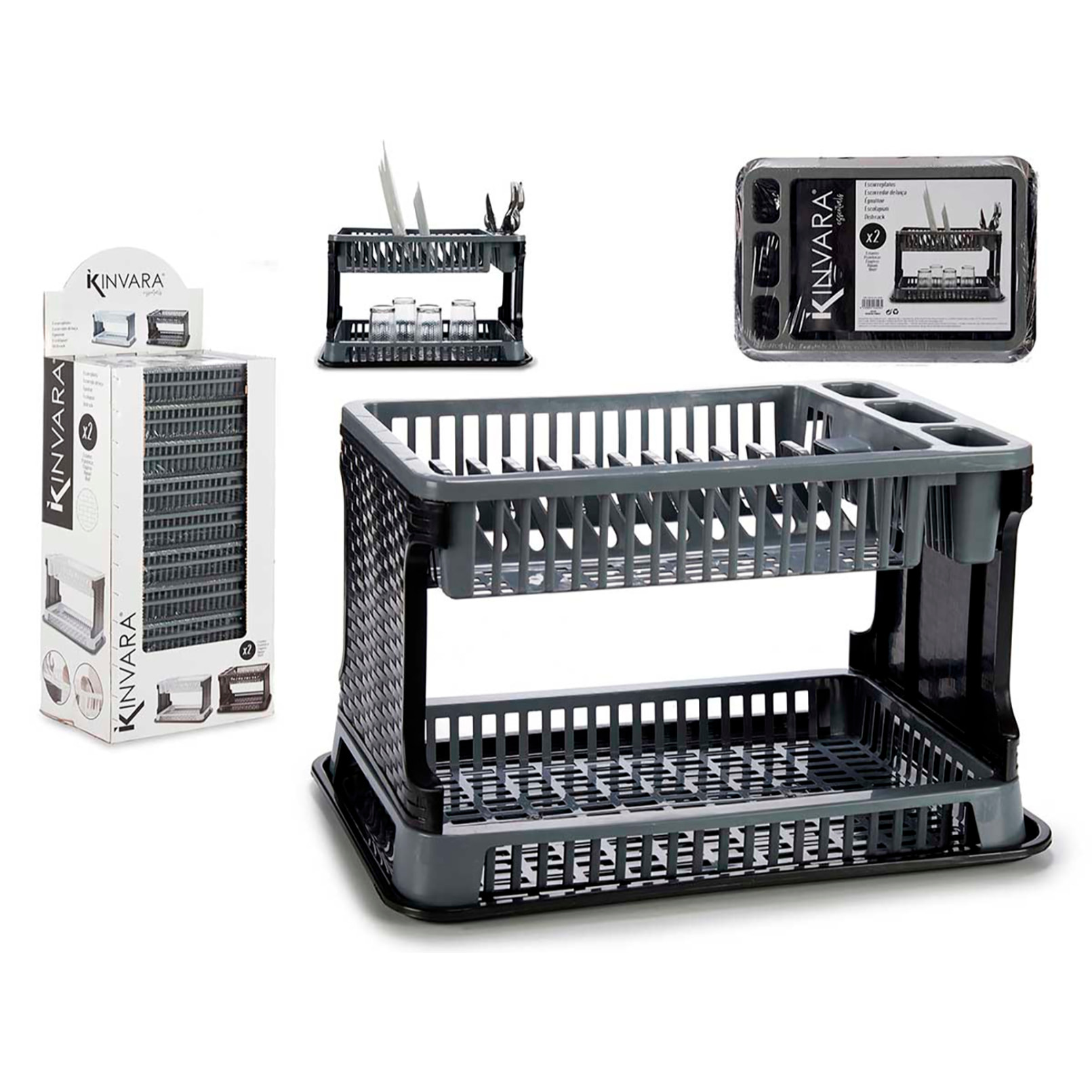 Escurreplatos gris de plástico con 2 pisos.