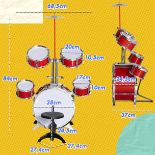 Batería Infantil con Taburete Batería para Niños de +3 Años con Tambores Bombo Platillo Pedal y Baquetas 68,5x37x84 cm Rojo