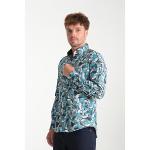 Camicia Uomo 1 Bottoni Button Down Slim Popeline Stretch Stampato Verde Ottanio/Bianco