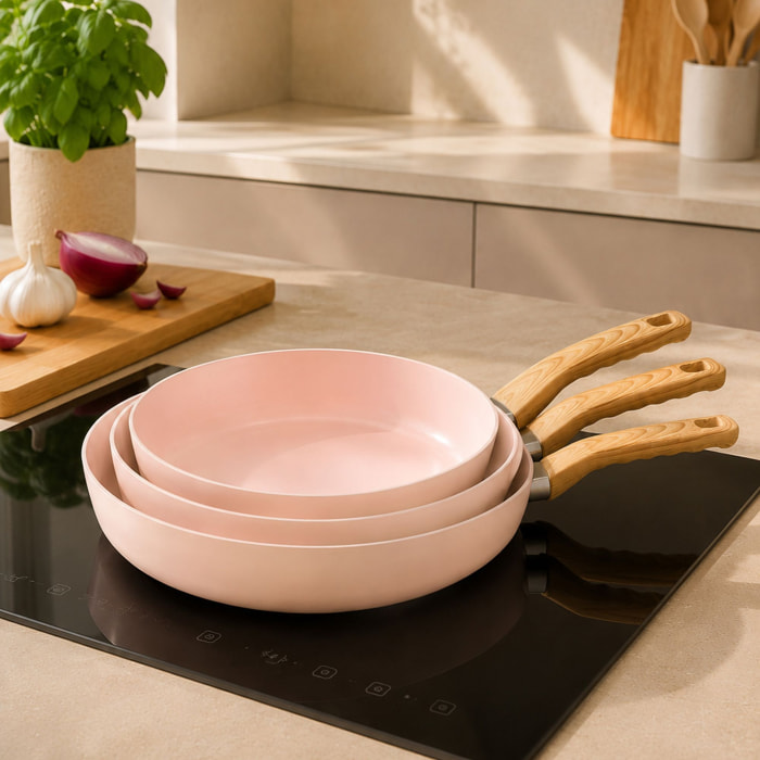 Lot de 3 poêles revêtement céramique rose - tous feux COLORAMA