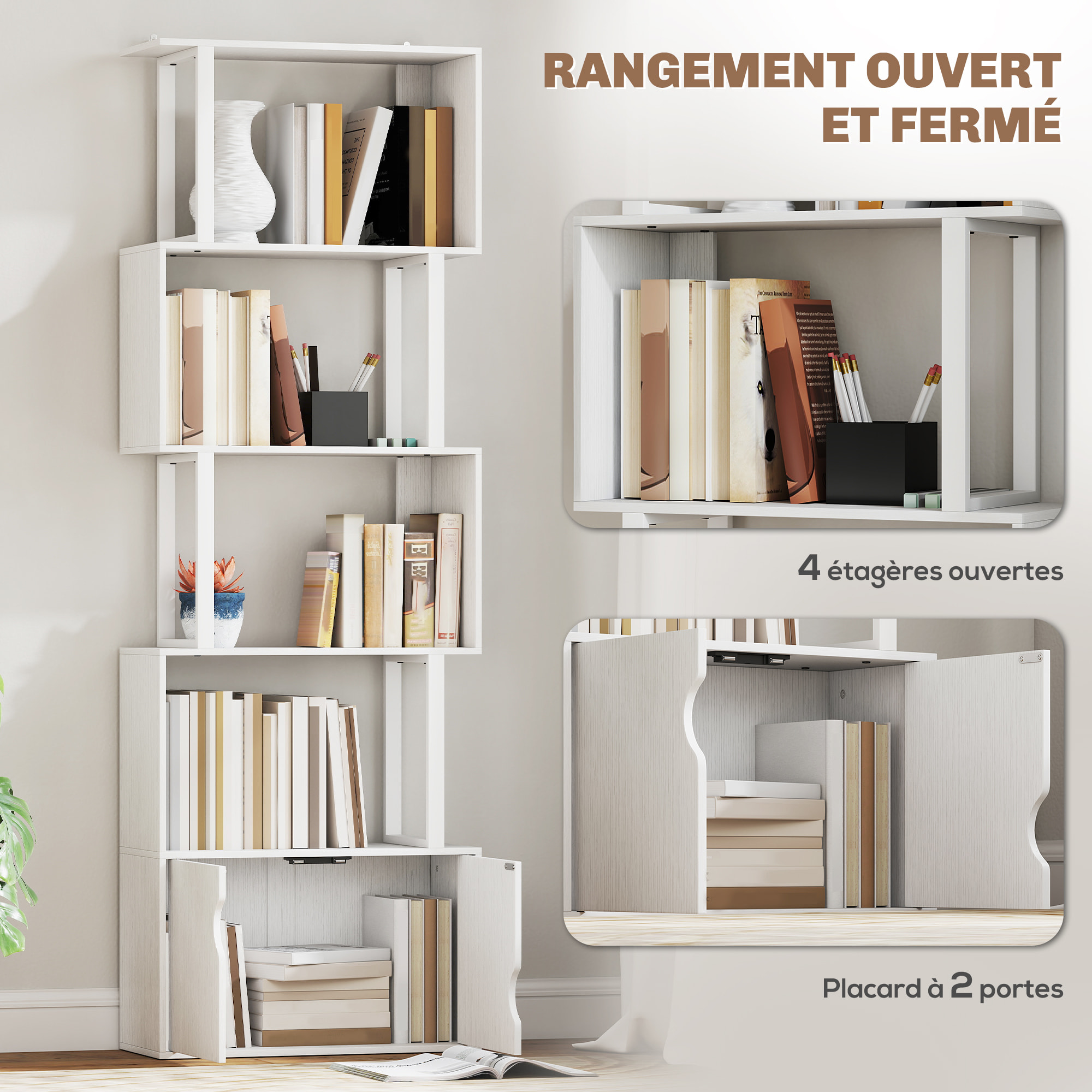 Bibliothèque design zig zag - 4 étagères, 2 portes - effet bois acier blanc