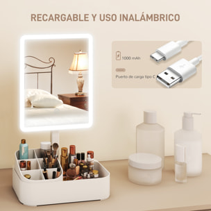 Espejo Maquillaje con Luz LED, Espejo Tocador Recargable con 2 Modos de Iluminación, Rotación de 180°, Brillo Ajustable, Compartimentos, Interruptor Táctil, para Cuidado de Piel, Blanco
