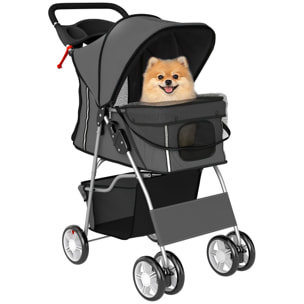 Carrito para Perros Plegable, Cochecito para Perros Pequeños con Cesta de Almacenaje, Ventanas de Malla, Portavasos, Ruedas de EVA, Cojín Lavable, Frenos, Carga 10 kg, 77x44x102 cm, Gris Oscuro