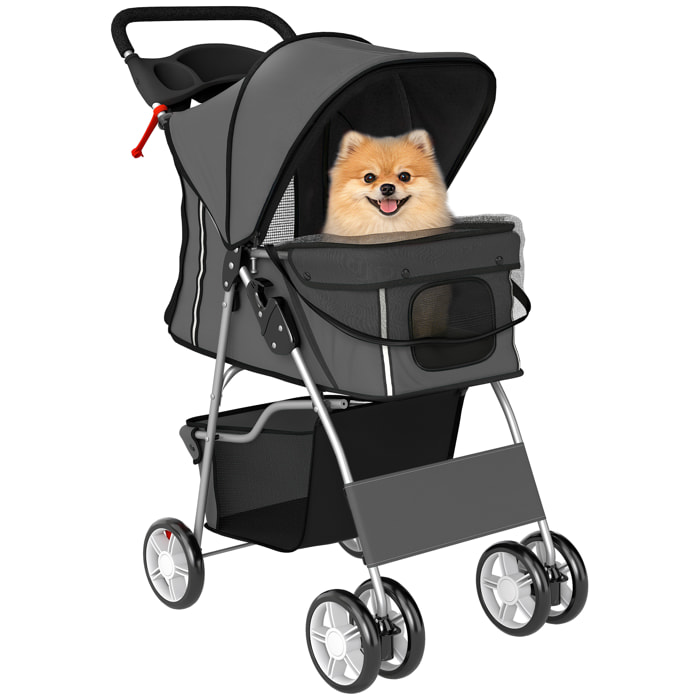 Carrito para Perros Plegable, Cochecito para Perros Pequeños con Cesta de Almacenaje, Ventanas de Malla, Portavasos, Ruedas de EVA, Cojín Lavable, Frenos, Carga 10 kg, 77x44x102 cm, Gris Oscuro