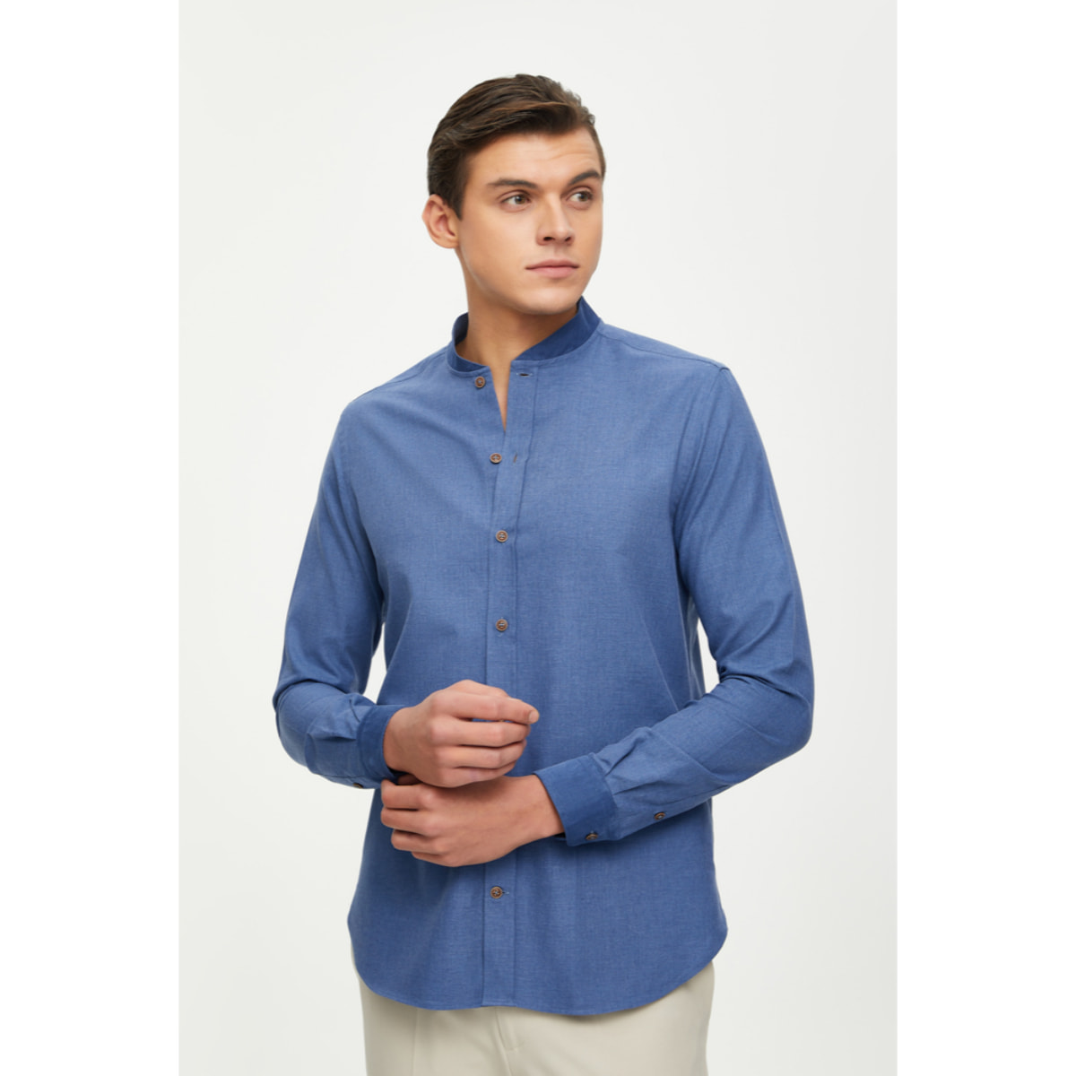 Camicia Uomo Coreano Slim Flanella Unita Blu avion