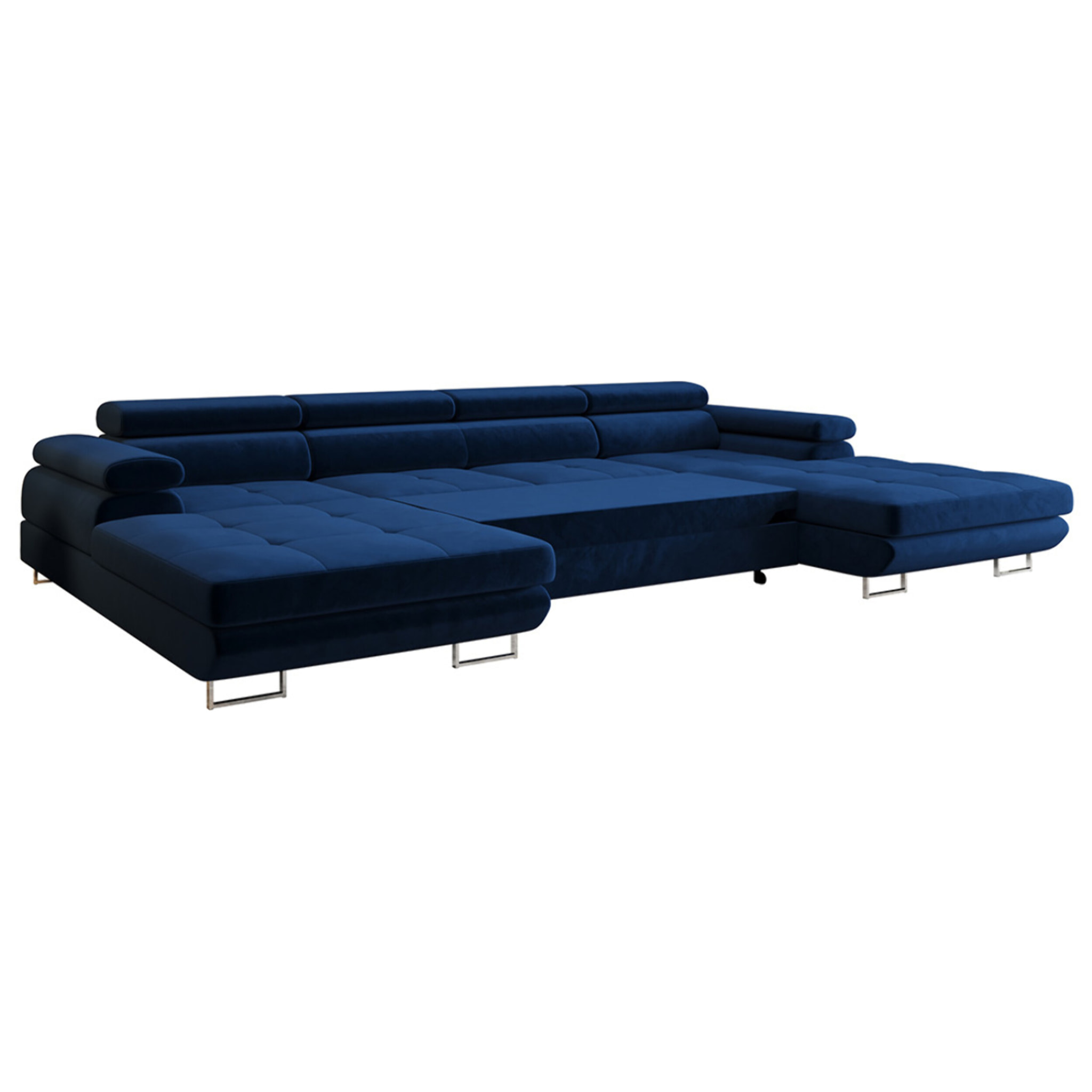 Ayden - Canapé panoramique en U 7 places convertible avec coffre et têtières réglables en tissu - Bleu