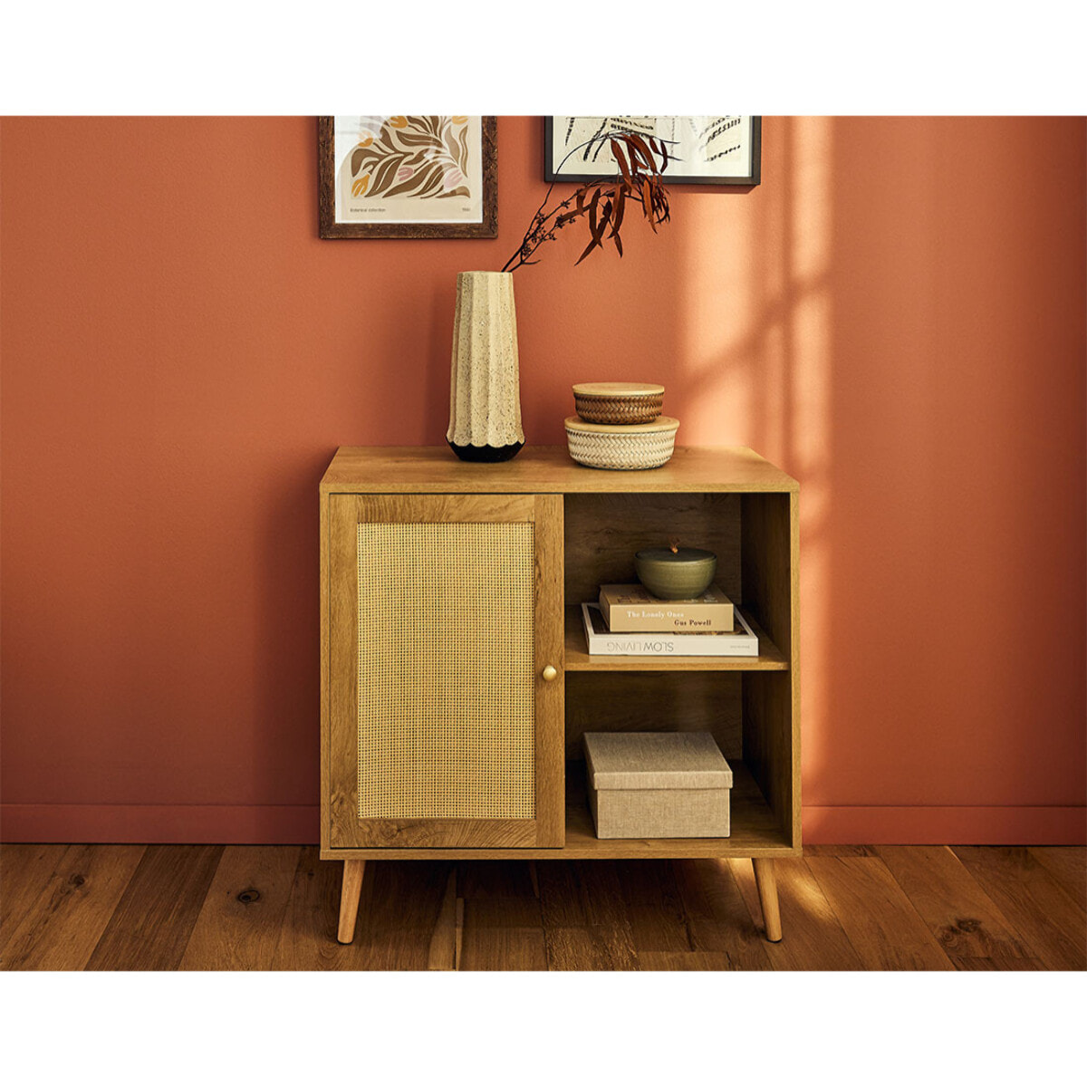 Goto - buffet haut - effet bois et cannage - 2 niches et 1 porte - 80 cm - Bois