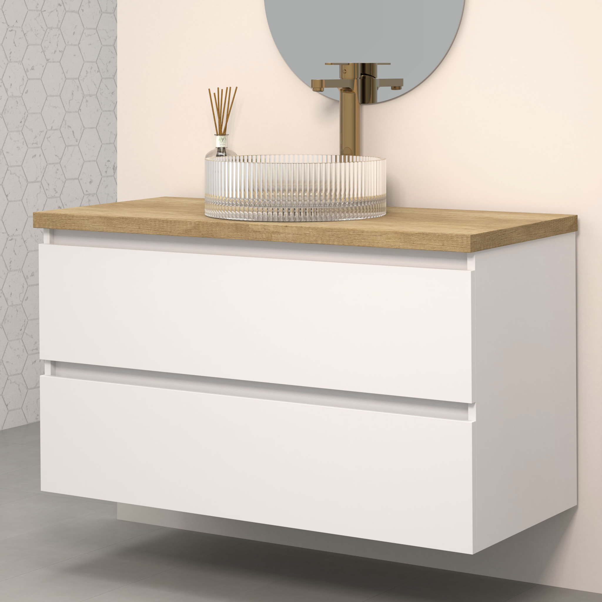 Conjunto de Baño Kub | 100 cm Blanco | Dos Cajones | Lavabo de Cristal | No incluye Espejo | Mueble Montado | Alday