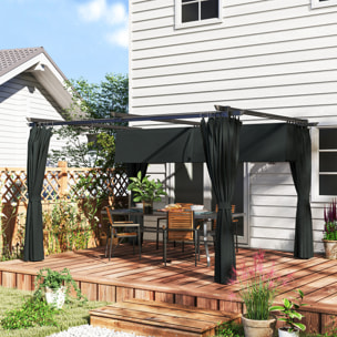 Pergola 3 x 4 m toile toit rétractable 4 rideaux ajustables métal noir polyester haute densité 180g/m² anthracite