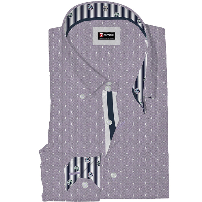 Camicia Uomo 2 Bottoni Button Down Slim Oxford Fantasia Orchidea e Bianco