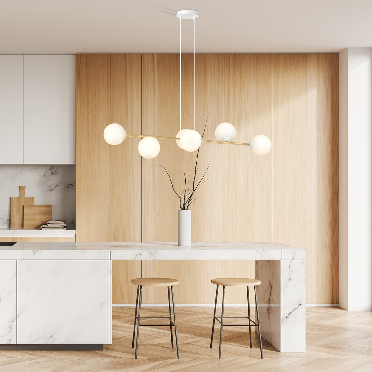 Lampada a sospensione Gravity in acciaio oro e vetro bianco