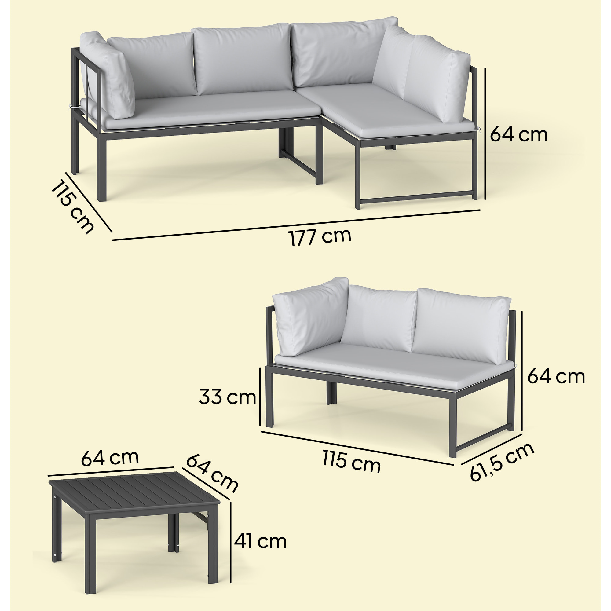 Conjunto de Muebles Jardín Exterior de 3 Piezas, Sofá Exterior Seccional Resistente Forma de L con Cojines, 2 Sofás de 2 Plazas, Reposabrazos Ajustables y Mesa Centro de Listones, Gris