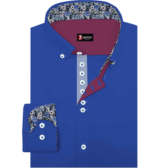 Camicia Uomo 1 Bottoni Button Down Slim Popeline Stretch Unito Celeste Cadetto