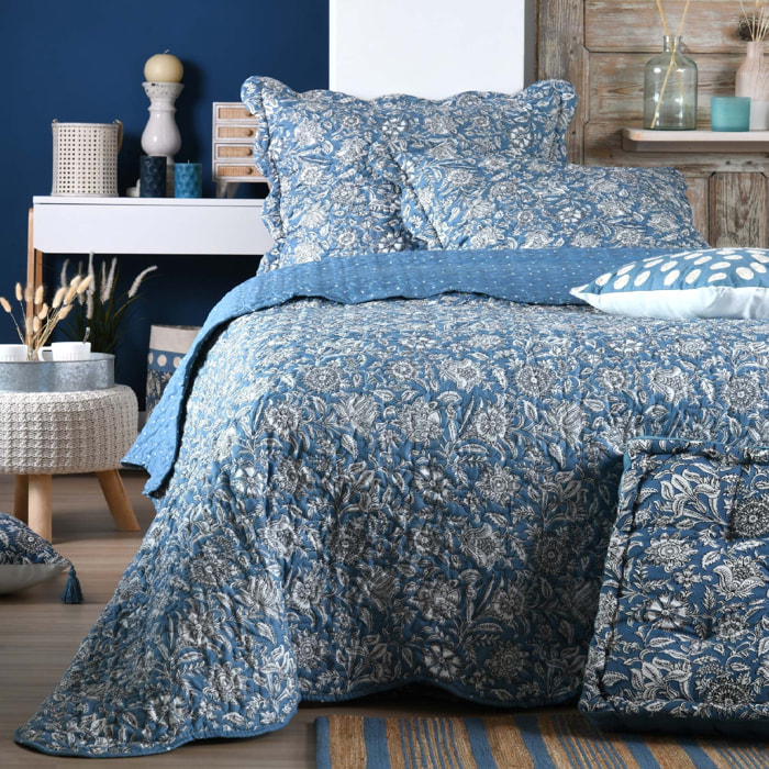 Ensemble réversible boutis et taies au style fleuri - Bleu