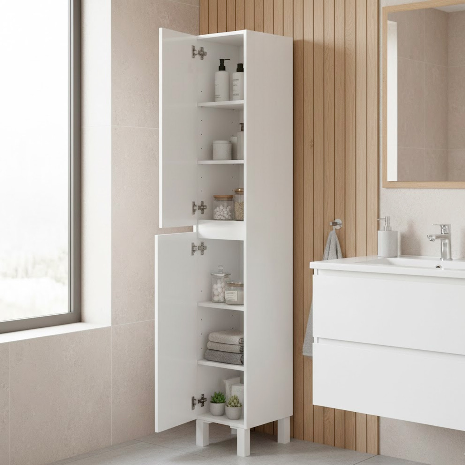 Mobile Alto Da Bagno Con 2 Ante E 6 Ripiani Salvaspazio Colonna Verticale Porta Asciugamani E Accessori 182 x 30 x 35 cm Bianco